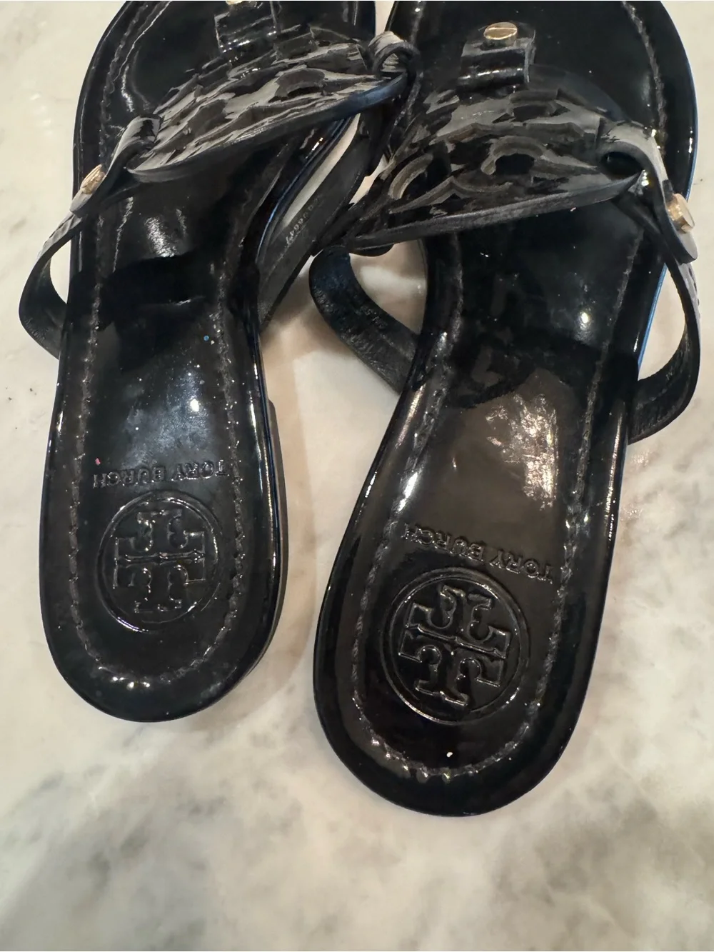 Tory Burch Black Patent Miller Logo Thong Sandals